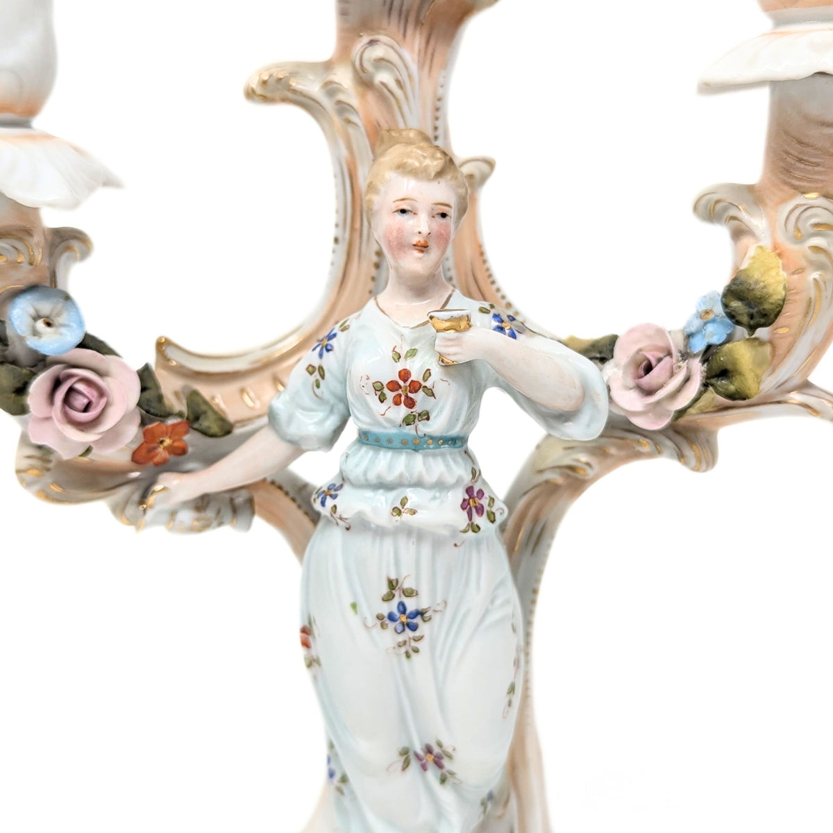 Dresden Style Porcelain Figural Three-Branch Candelabras (Pair)