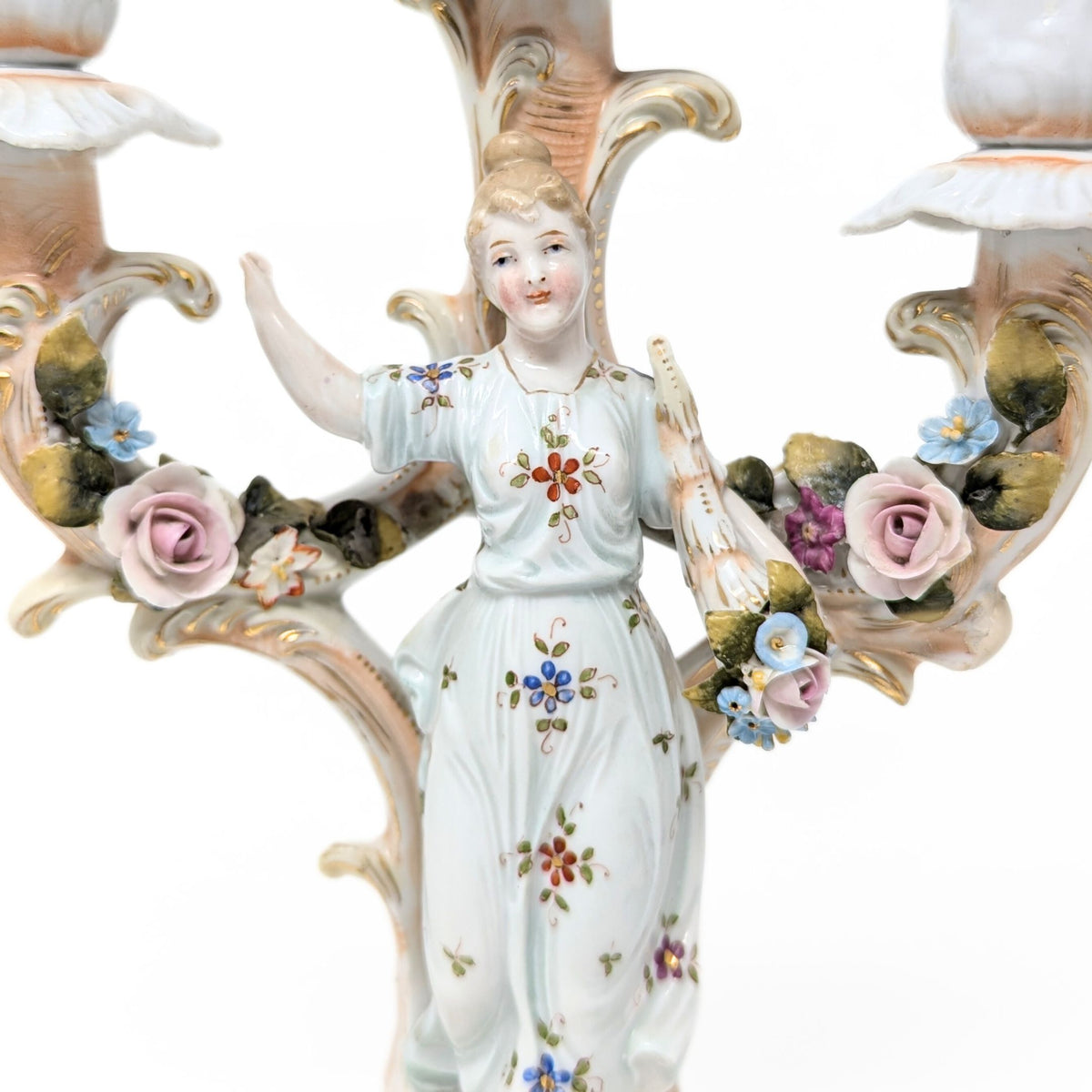 Dresden Style Porcelain Figural Three-Branch Candelabras (Pair)