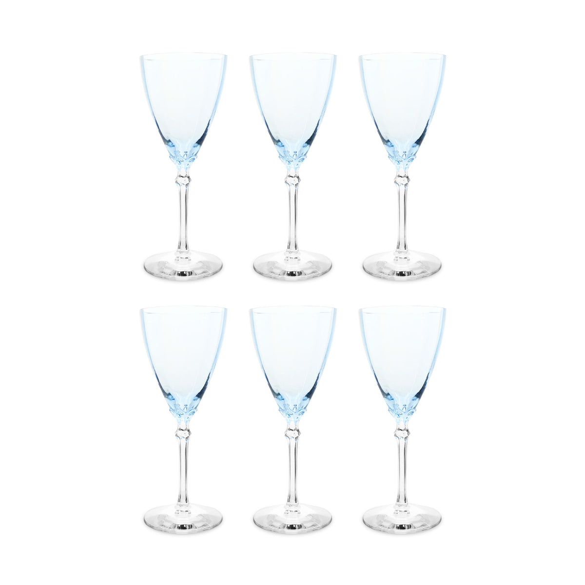 Fostoria Azure Blue 8 1/4" Optic Water Goblets W/ Clear Stem (6) 5098-5298