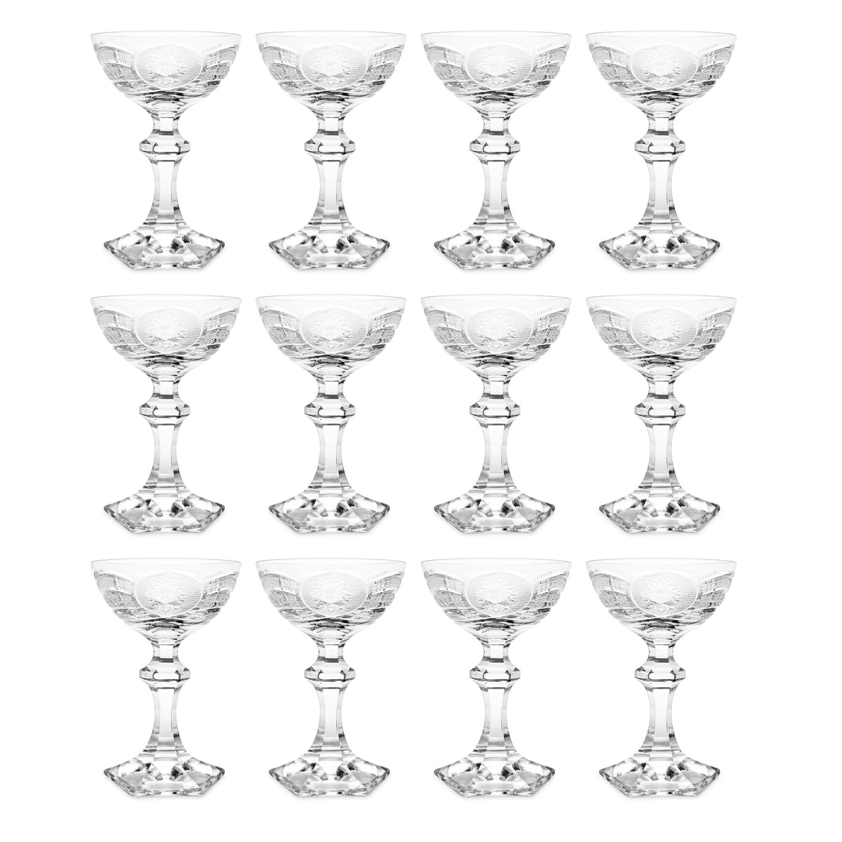 Set of 12 Vintage Fine Cut Crystal Champagne Glasses, "R" Monogram