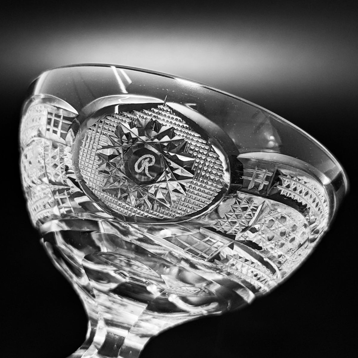 Set of 12 Vintage Fine Cut Crystal Champagne Glasses, "R" Monogram