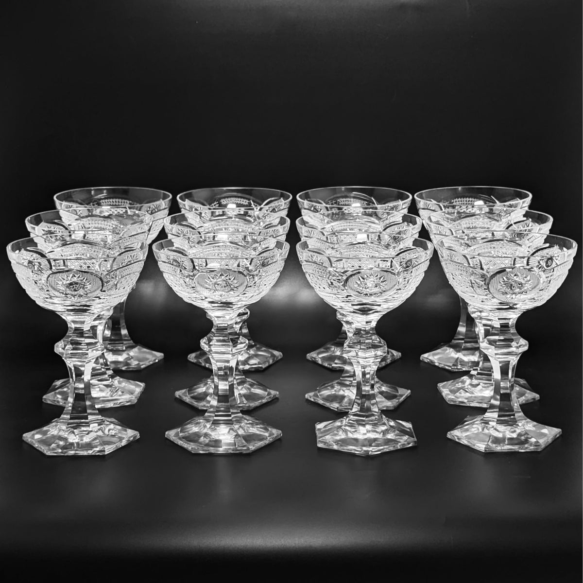 Set of 12 Vintage Fine Cut Crystal Champagne Glasses, "R" Monogram