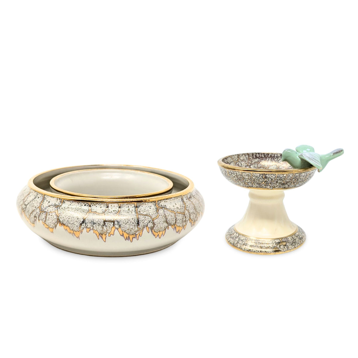 Dümler & Breiden Vintage German Pottery Pansy Ring and Birdbath Candlestick