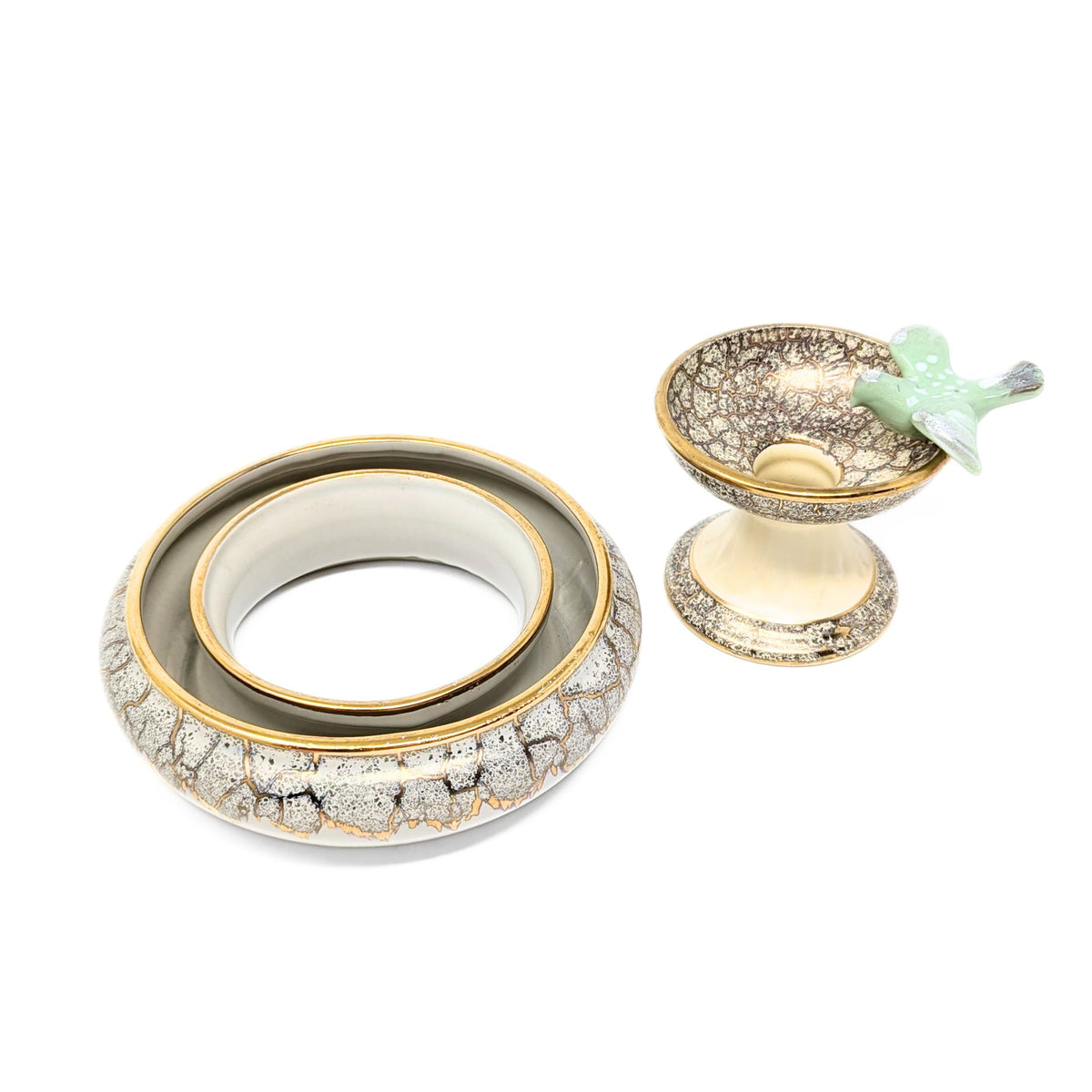 Dümler & Breiden Vintage German Pottery Pansy Ring and Birdbath Candlestick