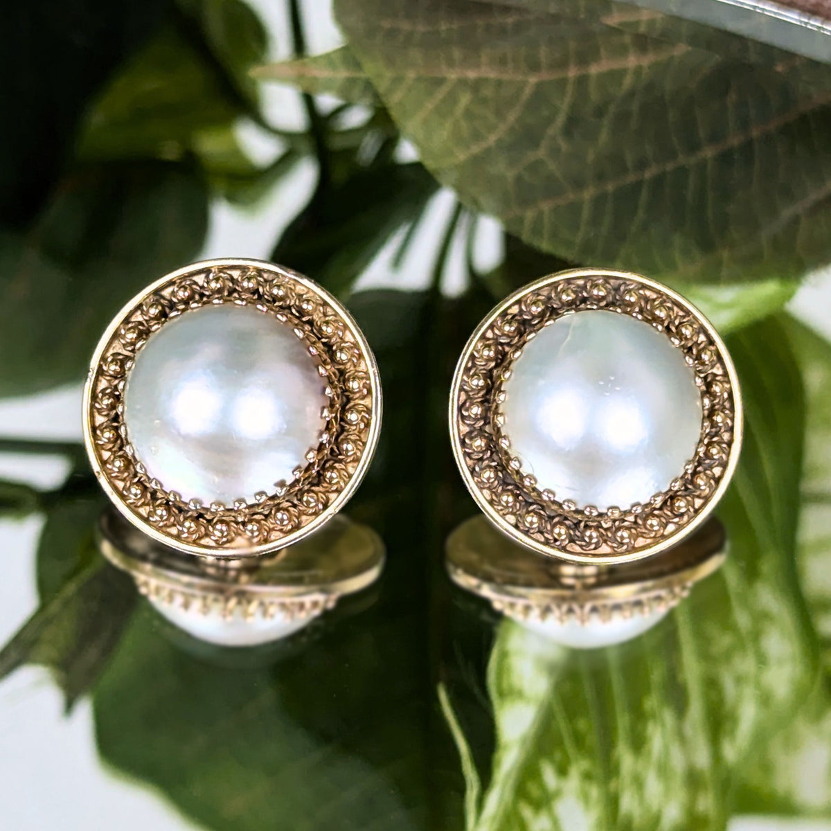 14K Gold 15mm Mabe Pearl Button Earrings