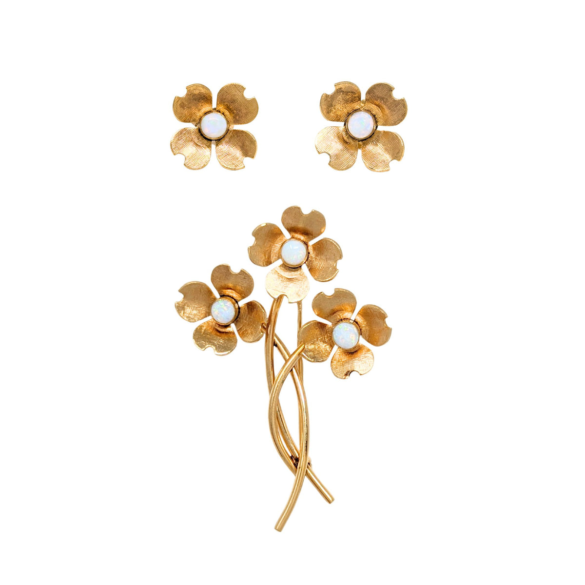Van Dell 14K Gold Filled Opal Flower Earrings & Brooch Set