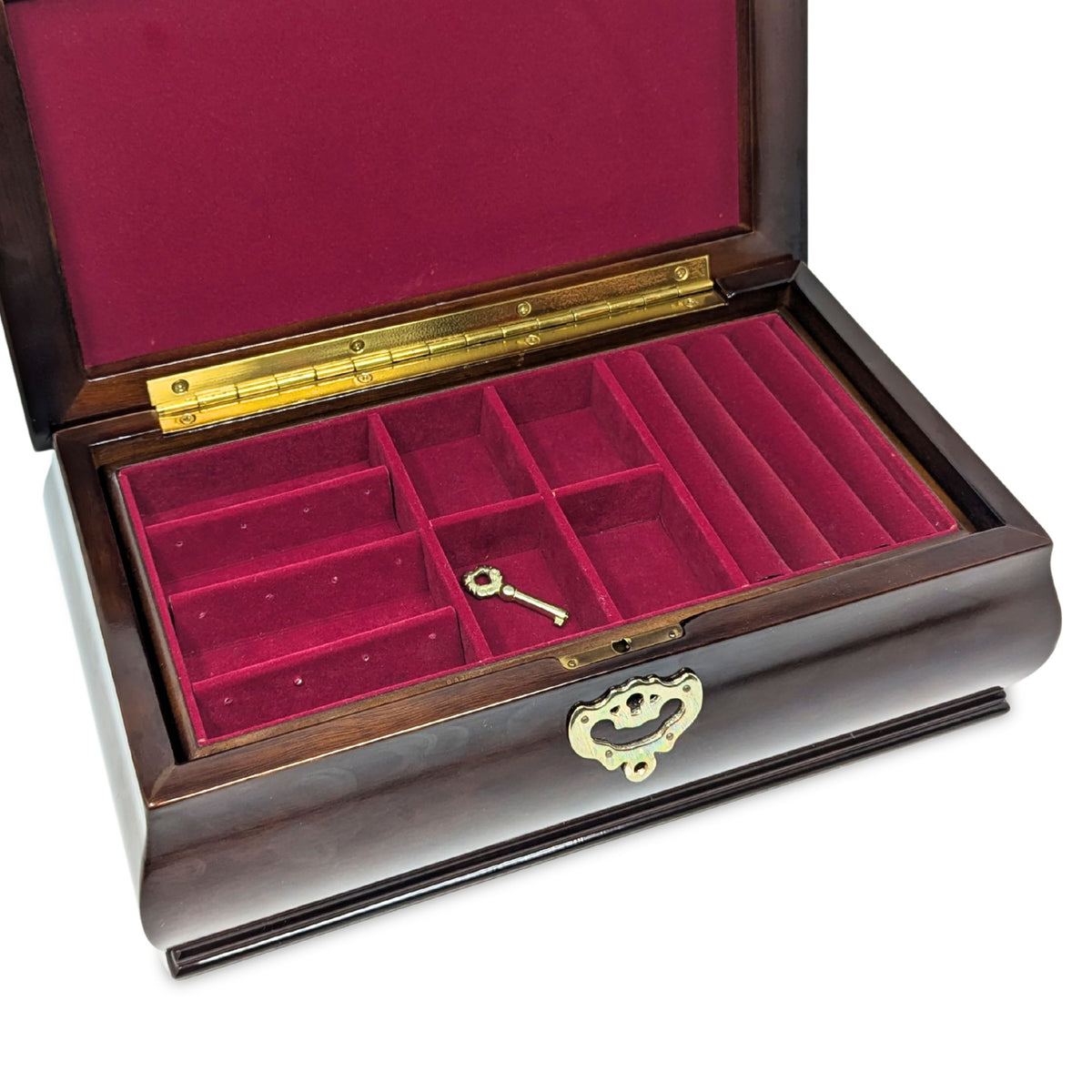 Bombay Style Mahogany Stained Jewelry Box w/ Key