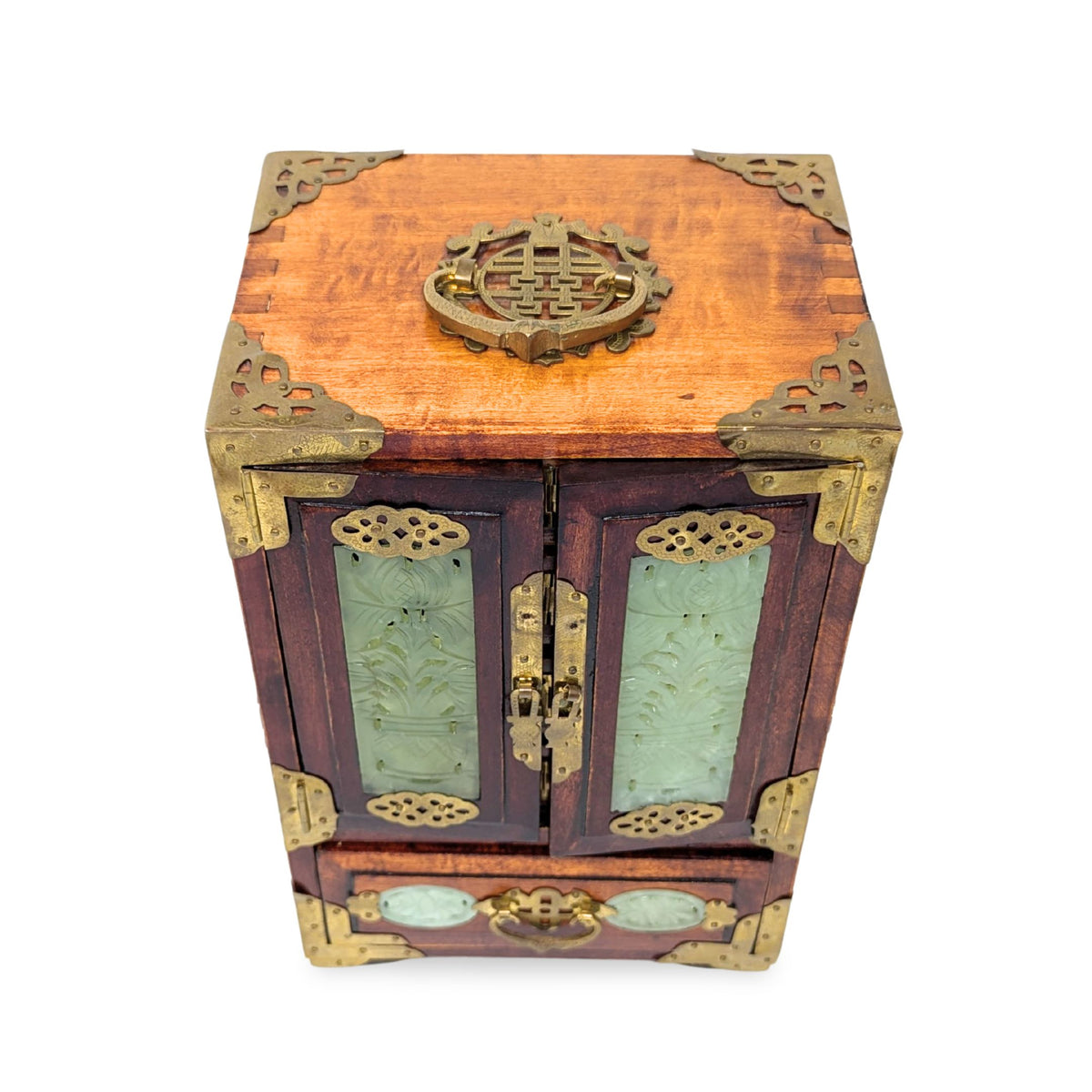 Vintage Chinese Rosewood, Jade, & Brass Jewelry Box