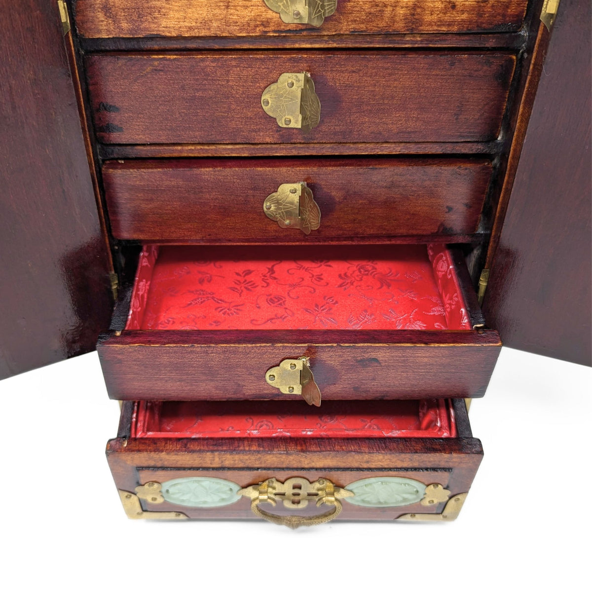 Vintage Chinese Rosewood, Jade, & Brass Jewelry Box