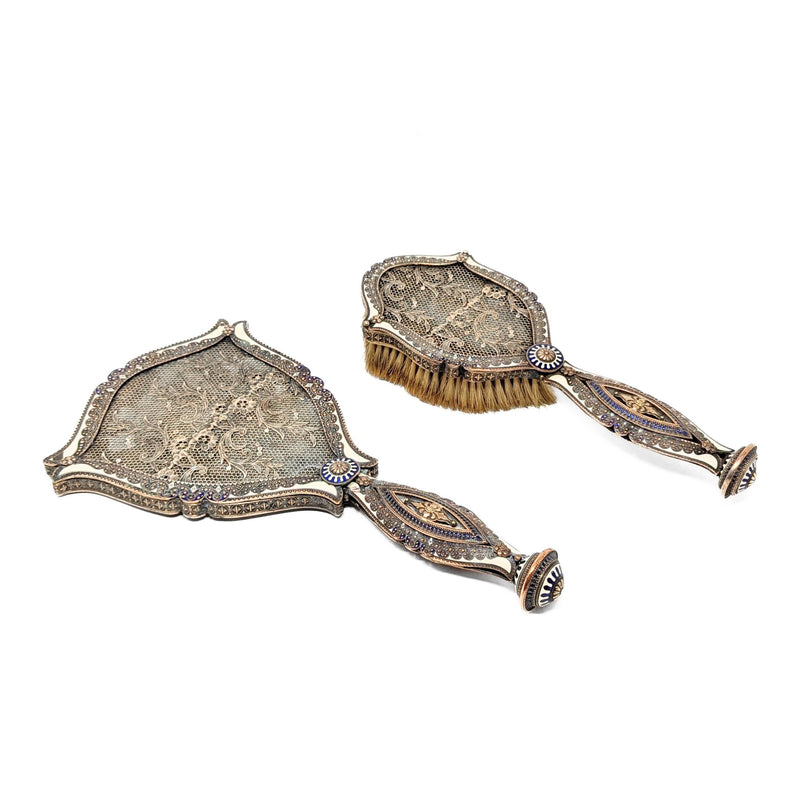 Enameled Metal Filigree Vanity Brush & Mirror