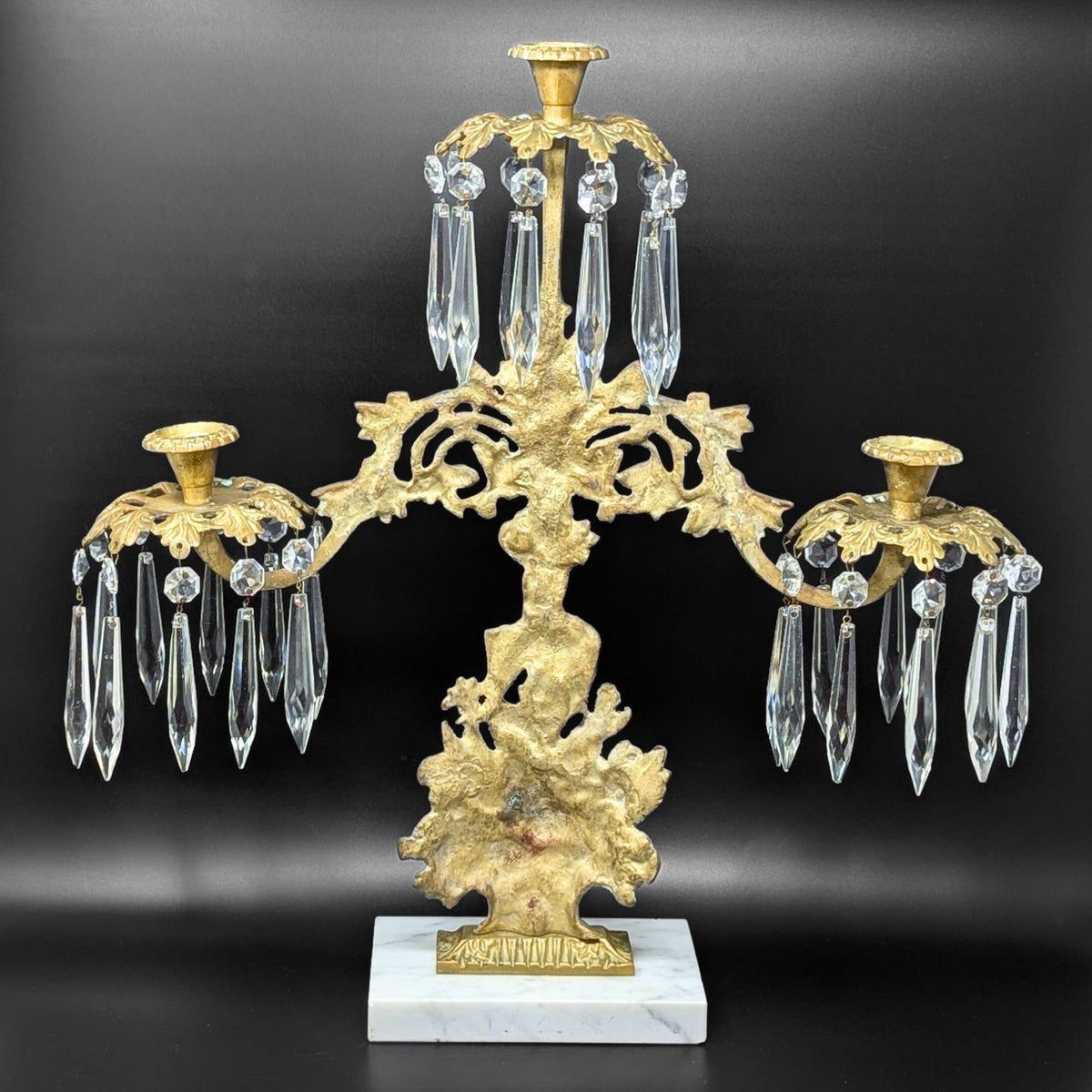 Victorian Brass 17" Girandole Candelabra w/ Prisms