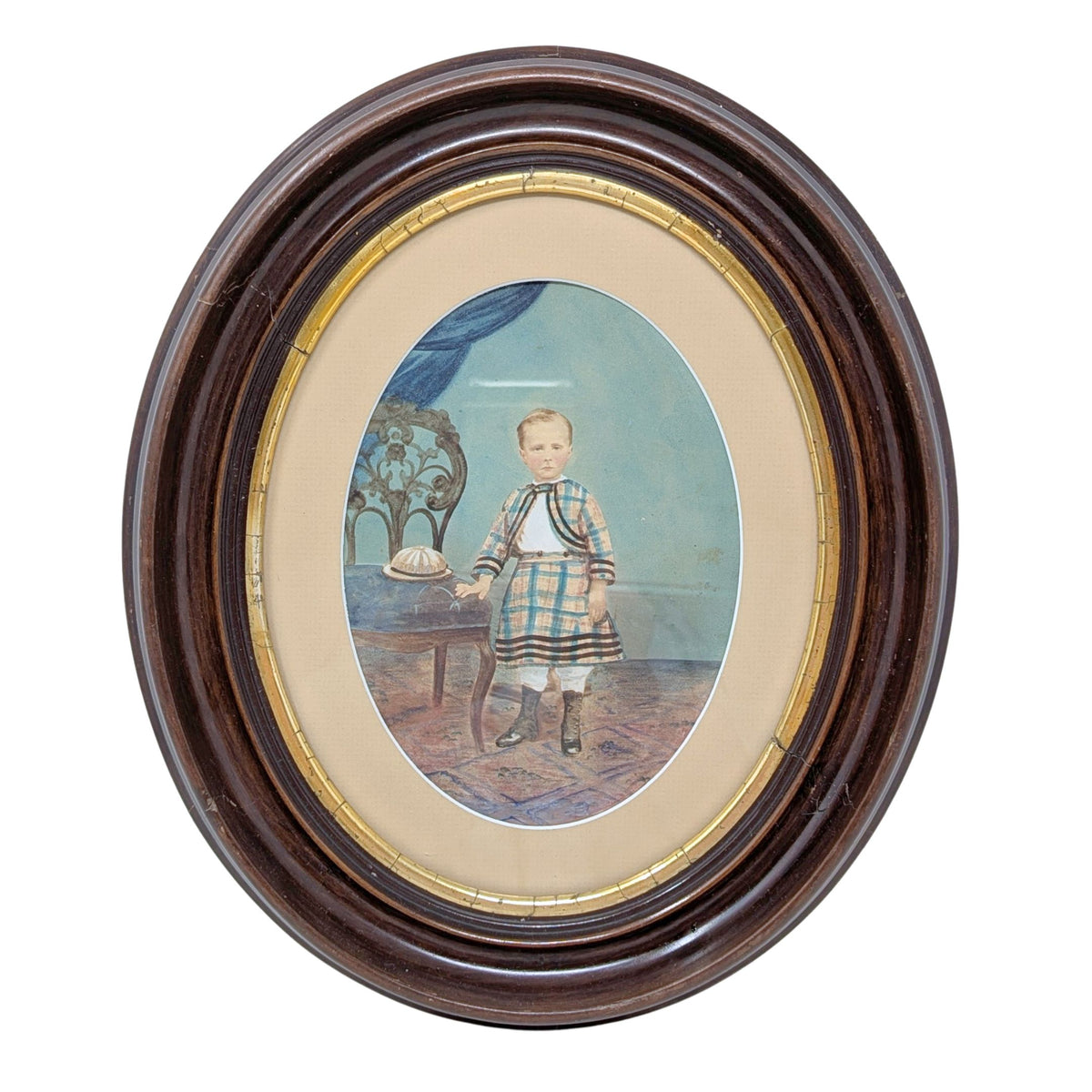 Pair of Antique Victorian Oval Wood Frames w/ Hand-Colored Photos