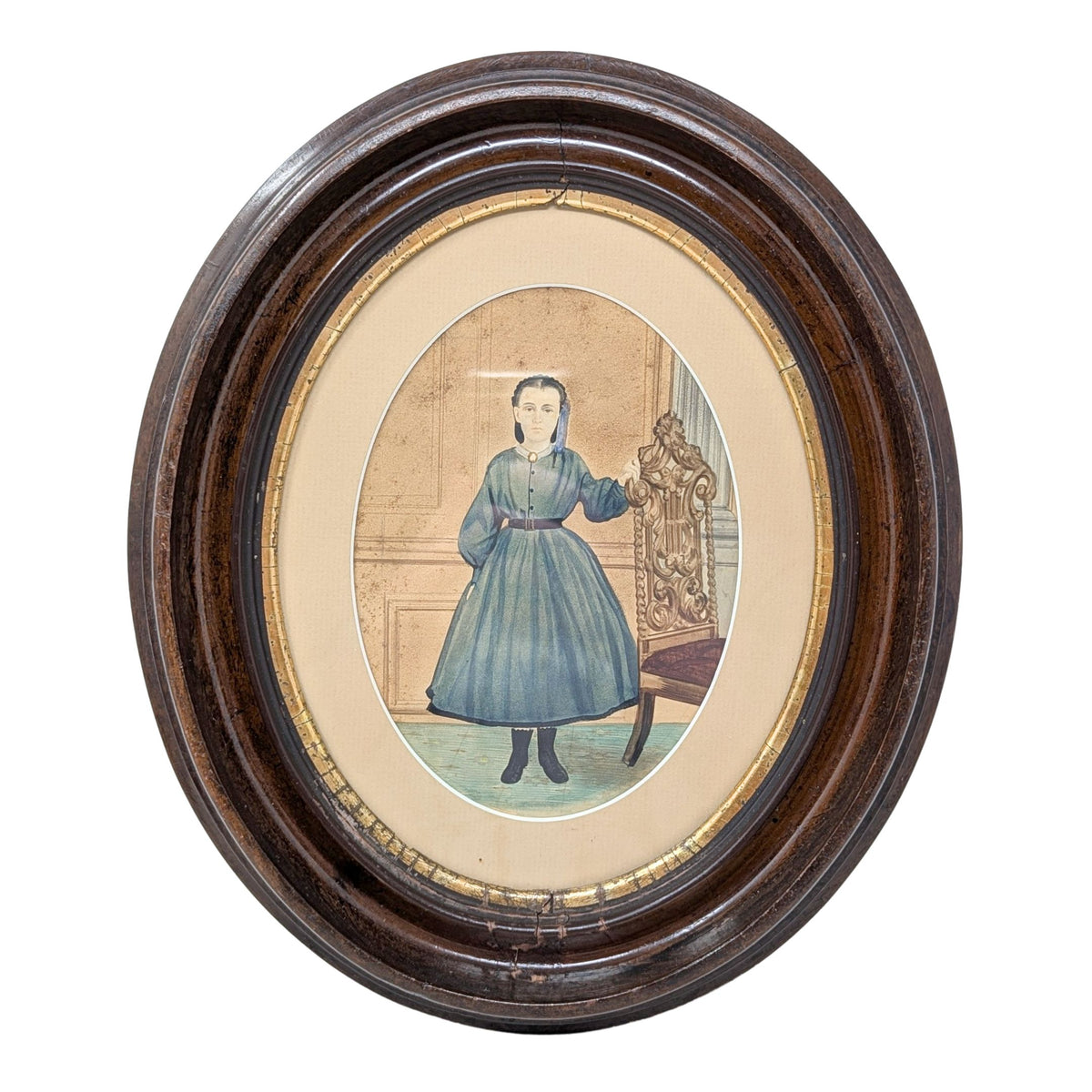 Pair of Antique Victorian Oval Wood Frames w/ Hand-Colored Photos