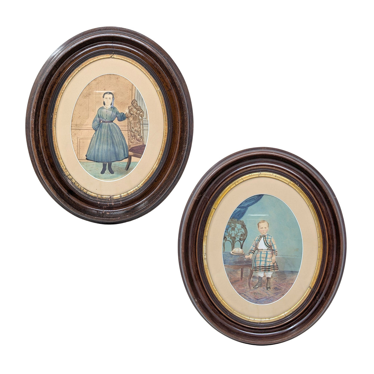 Pair of Antique Victorian Oval Wood Frames w/ Hand-Colored Photos