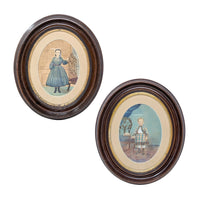 Pair of Antique Victorian Oval Wood Frames w/ Hand-Colored Photos