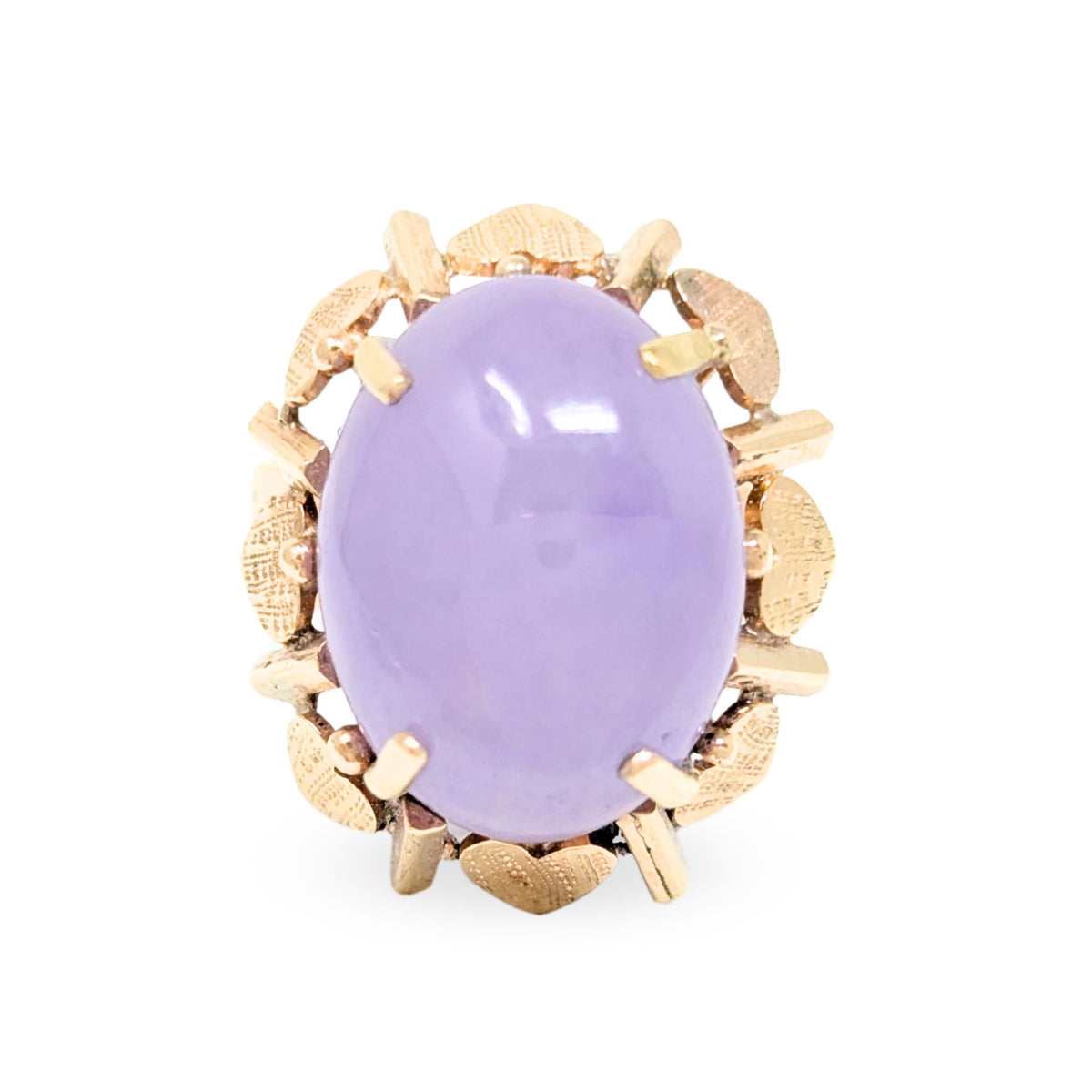 18K Gold Purple Jade Heart Themed Ring - Size 7.75