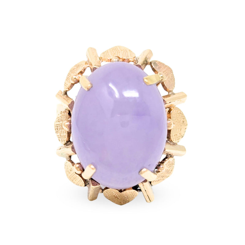 18K Gold Purple Jade Heart Themed Ring - Size 7.75