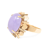 18K Gold Purple Jade Heart Themed Ring - Size 7.75