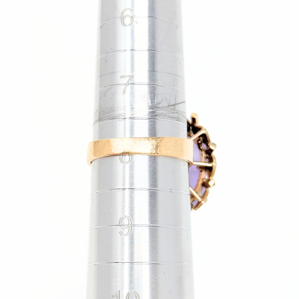 18K Gold Purple Jade Heart Themed Ring - Size 7.75
