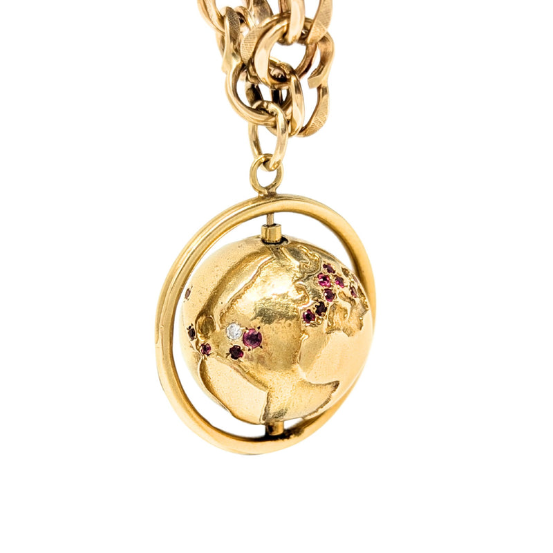 14K Gold Double Link World Globe 6.75" Charm Bracelet
