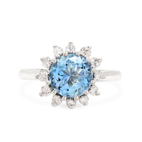 14K White Gold Aquamarine & Diamond Halo Ring - Size 5.5