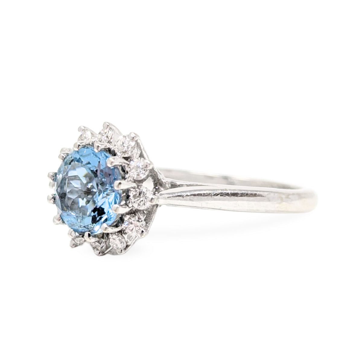 14K White Gold Aquamarine & Diamond Halo Ring - Size 5.5