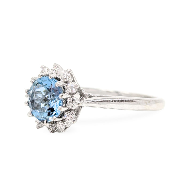 14K White Gold Aquamarine & Diamond Halo Ring - Size 5.5