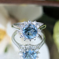 14K White Gold Aquamarine & Diamond Halo Ring - Size 5.5