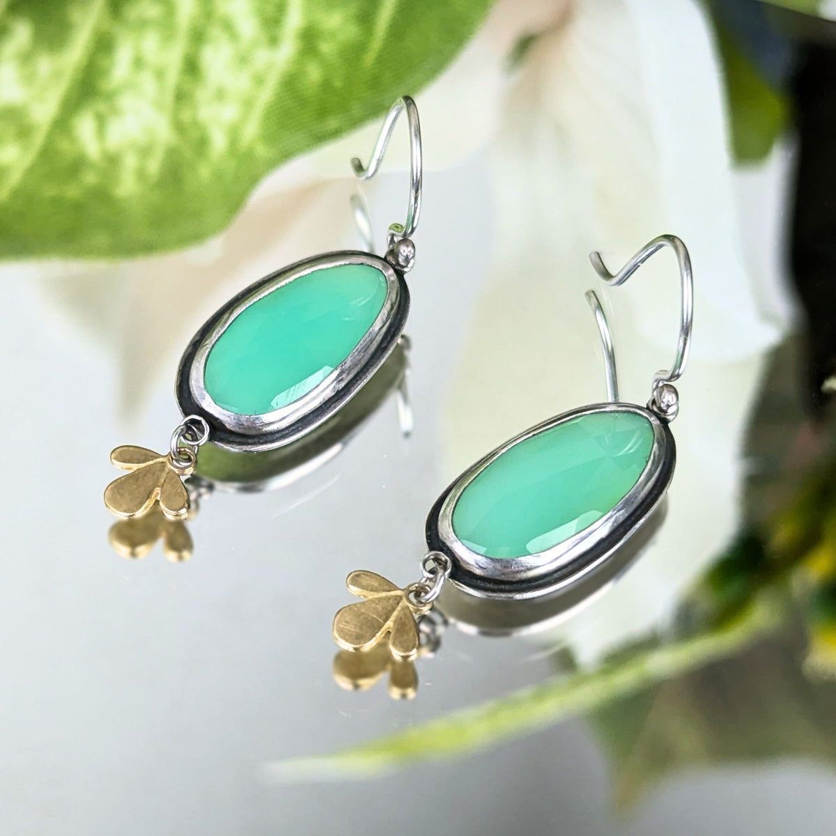 Ananda Khalsa Sterling Silver/22K Gold Lime Jade Drop Earrings