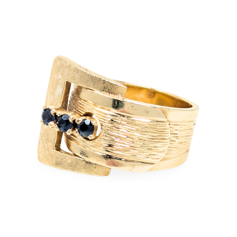 14K Gold 1960’s Blue Spinel Brushed Finish Buckle Ring - Size 6