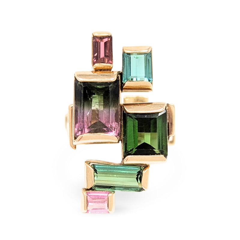 Vintage 14K Gold Cubist/Geometric Tourmaline & Ametrine Ring - Size 7.5