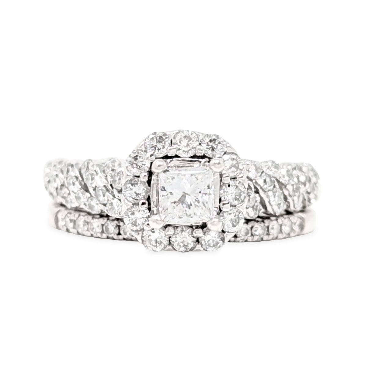 14K White Gold Halo 1.0tcw Princess Diamond Engagement Ring Set - Size 5.5