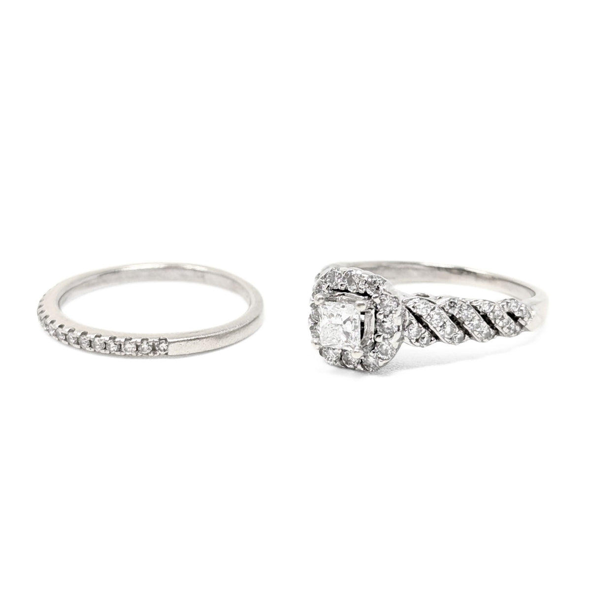 14K White Gold Halo 1.0tcw Princess Diamond Engagement Ring Set - Size 5.5