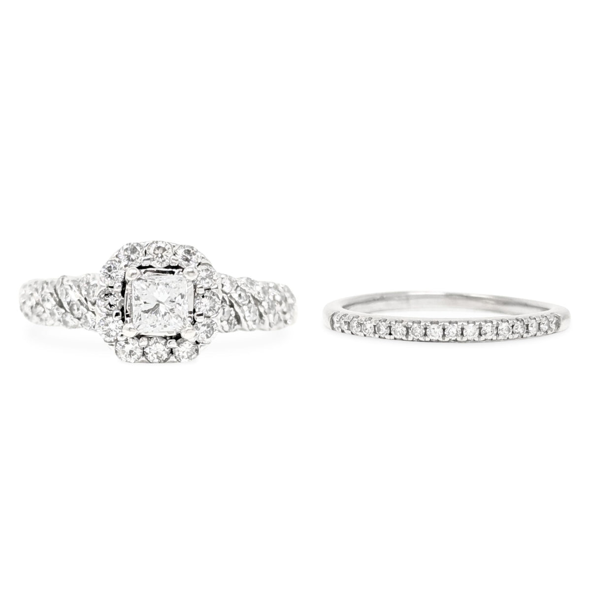 14K White Gold Halo 1.0tcw Princess Diamond Engagement Ring Set - Size 5.5