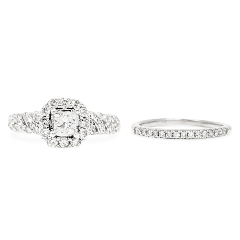 14K White Gold Halo 1.0tcw Princess Diamond Engagement Ring Set - Size 5.5