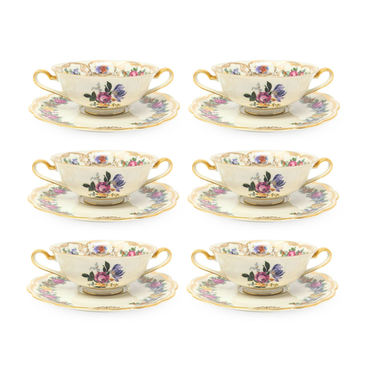 Royal Bayreuth Germany "Nurenberg" Set of 6 Cream Soup Bowls & Saucers (12pcs)