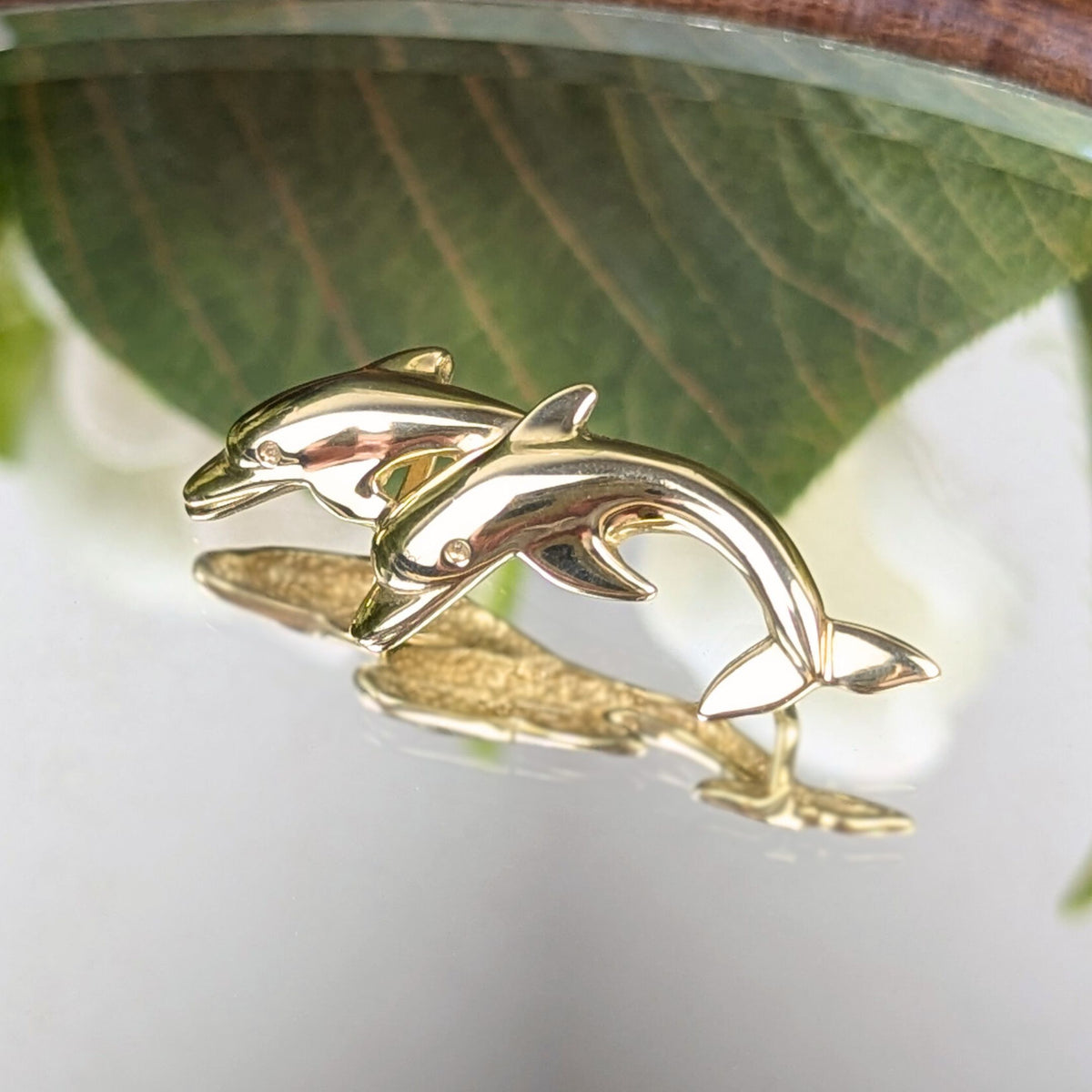14K Gold Double Dolphin Slide Pendant
