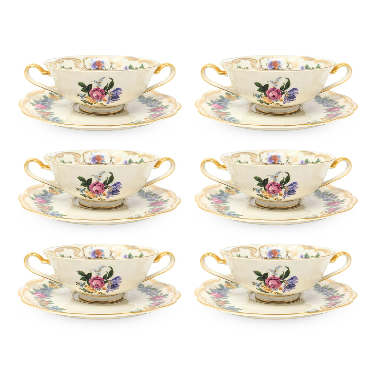Royal Bayreuth Germany "Nurenberg" Set of 6 Cream Soup Bowls & Saucers (12pcs)
