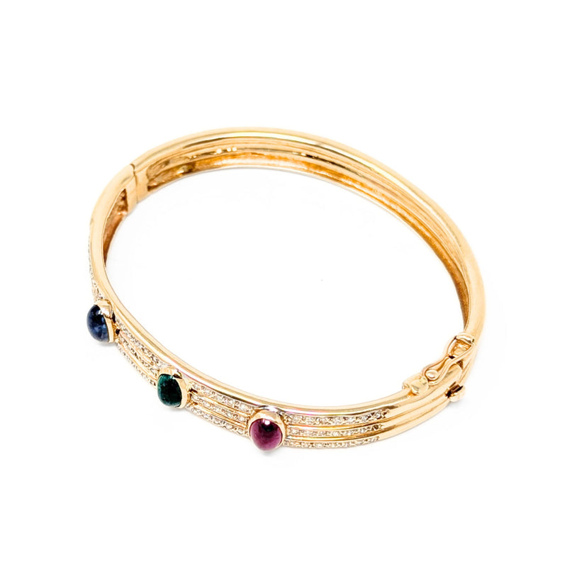 14K Gold Diamond, Emerald, Ruby, & Sapphire Bangle Bracelet