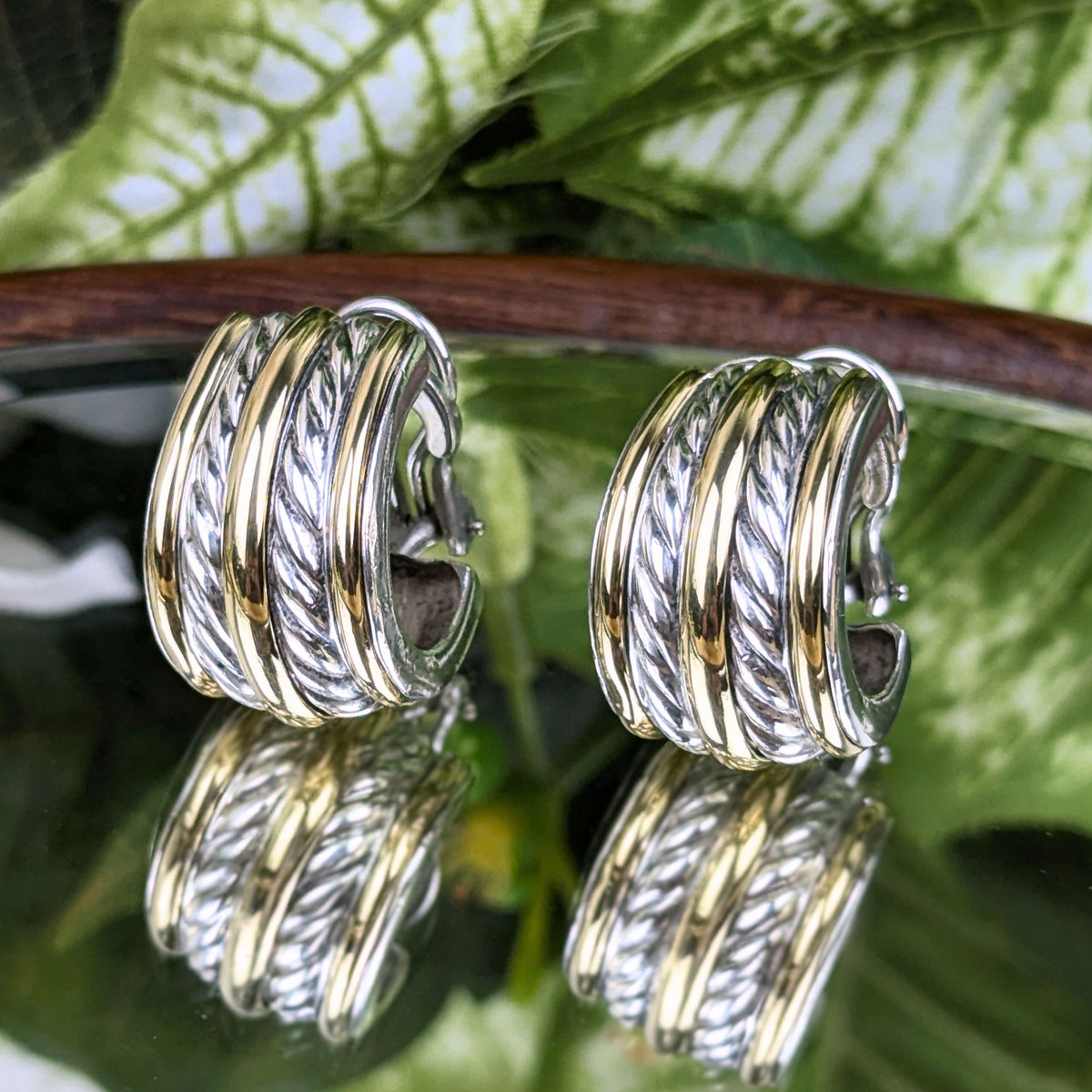 David Yurman 18K Gold/Sterling Silver Double Cable Huggies Earrings