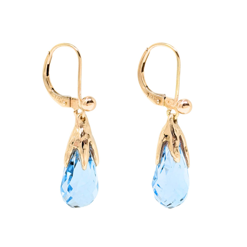 14K Gold Faceted Teardrop Blue Topaz Drop Earrings