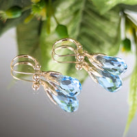 14K Gold Faceted Teardrop Blue Topaz Drop Earrings