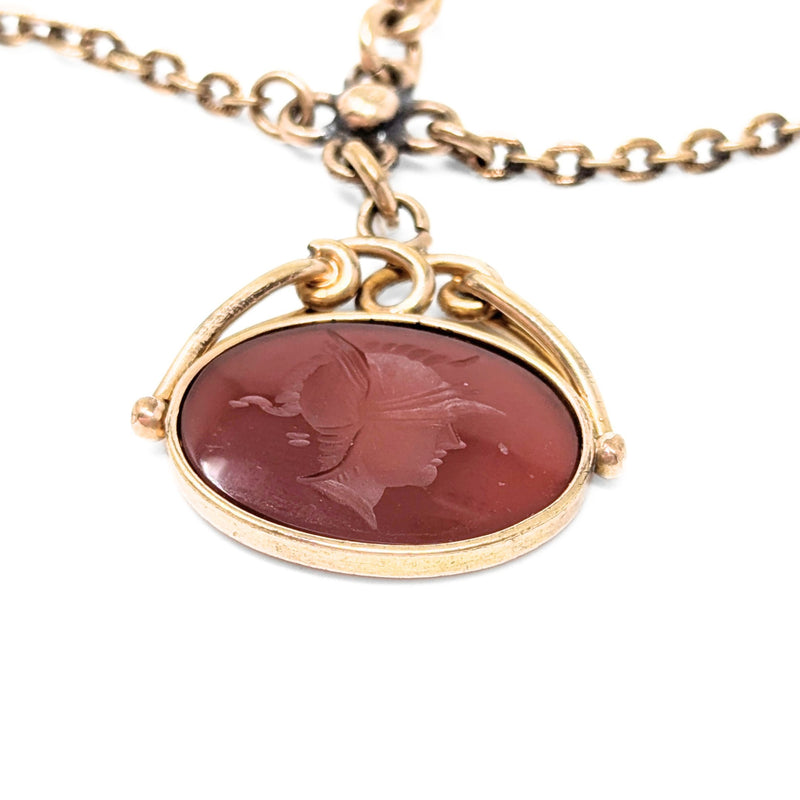 Antique Gold Filled Pocket Watch Chain w/ Red Carnelian Cameo Fob
