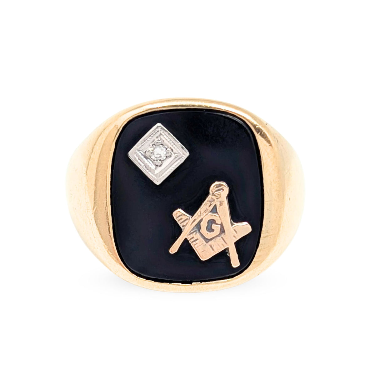 10K Gold Vintage Masonic Men's Black Onyx & Diamond Ring - Size 10.5
