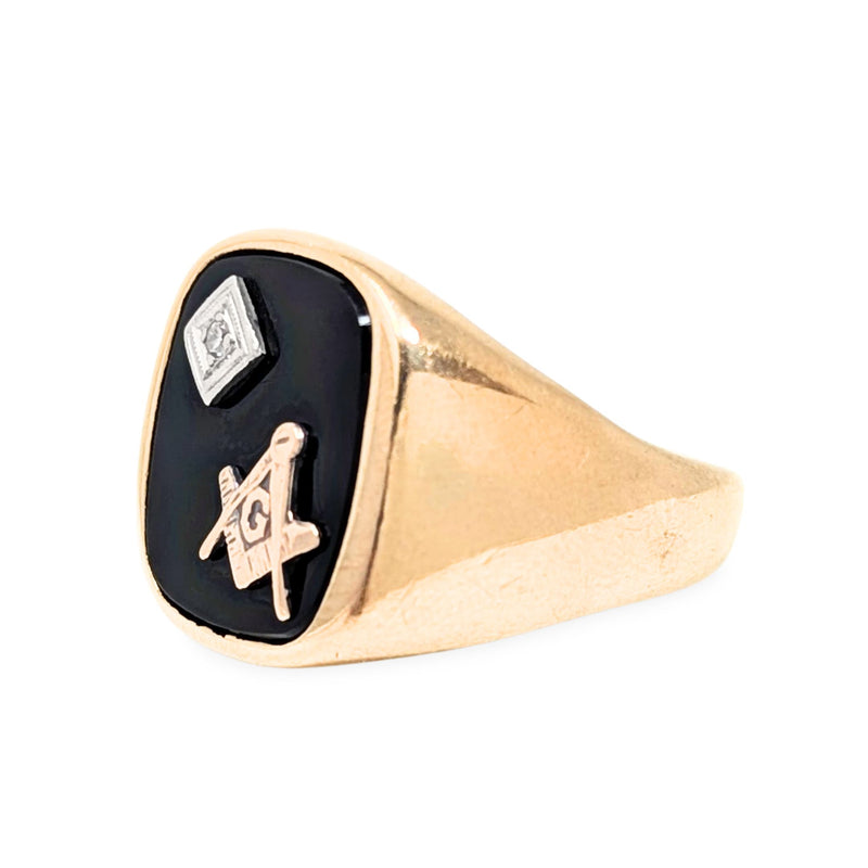 10K Gold Vintage Masonic Men's Black Onyx & Diamond Ring - Size 10.5