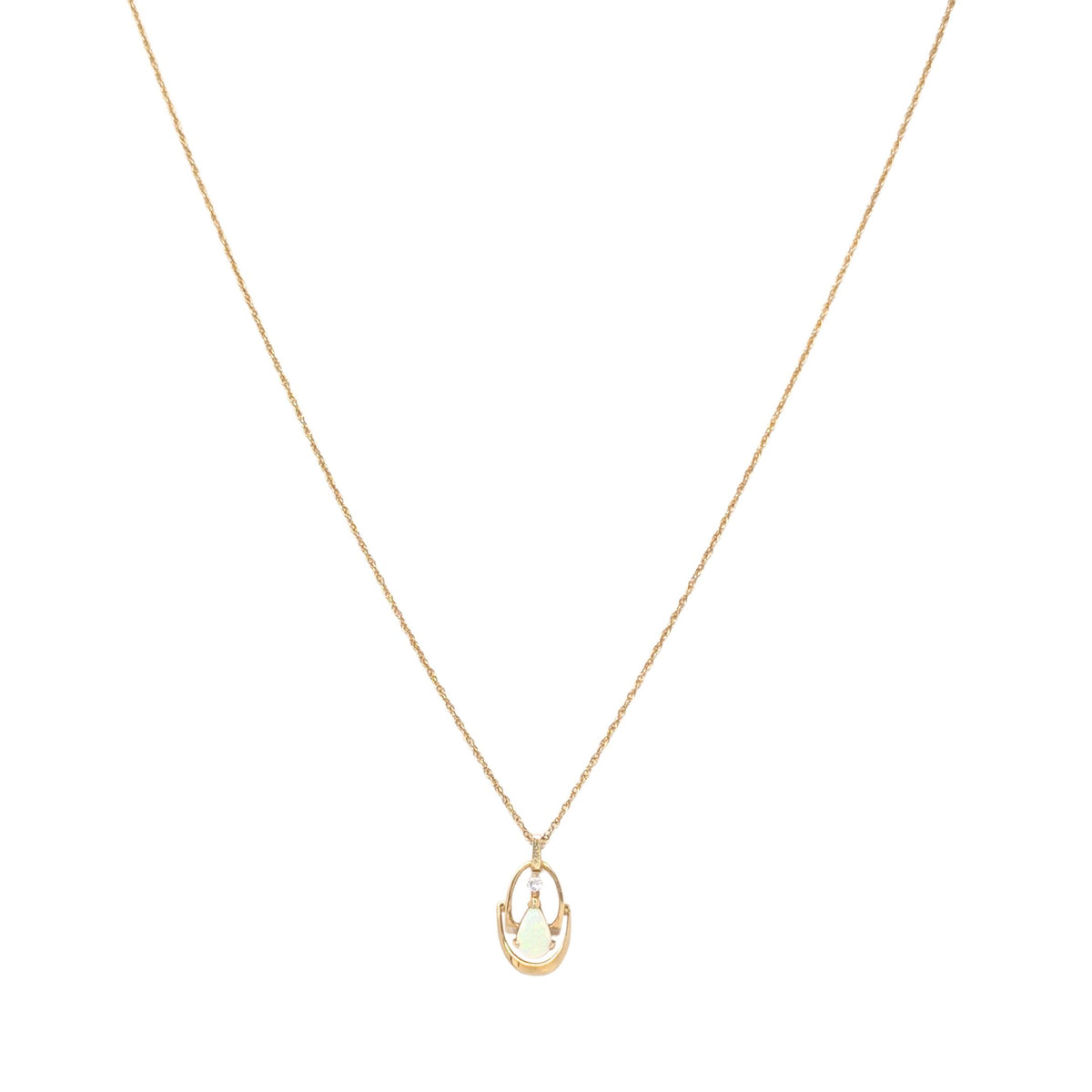 Vintage 14K Gold 18” Fire Opal & Diamond Pendant Necklace