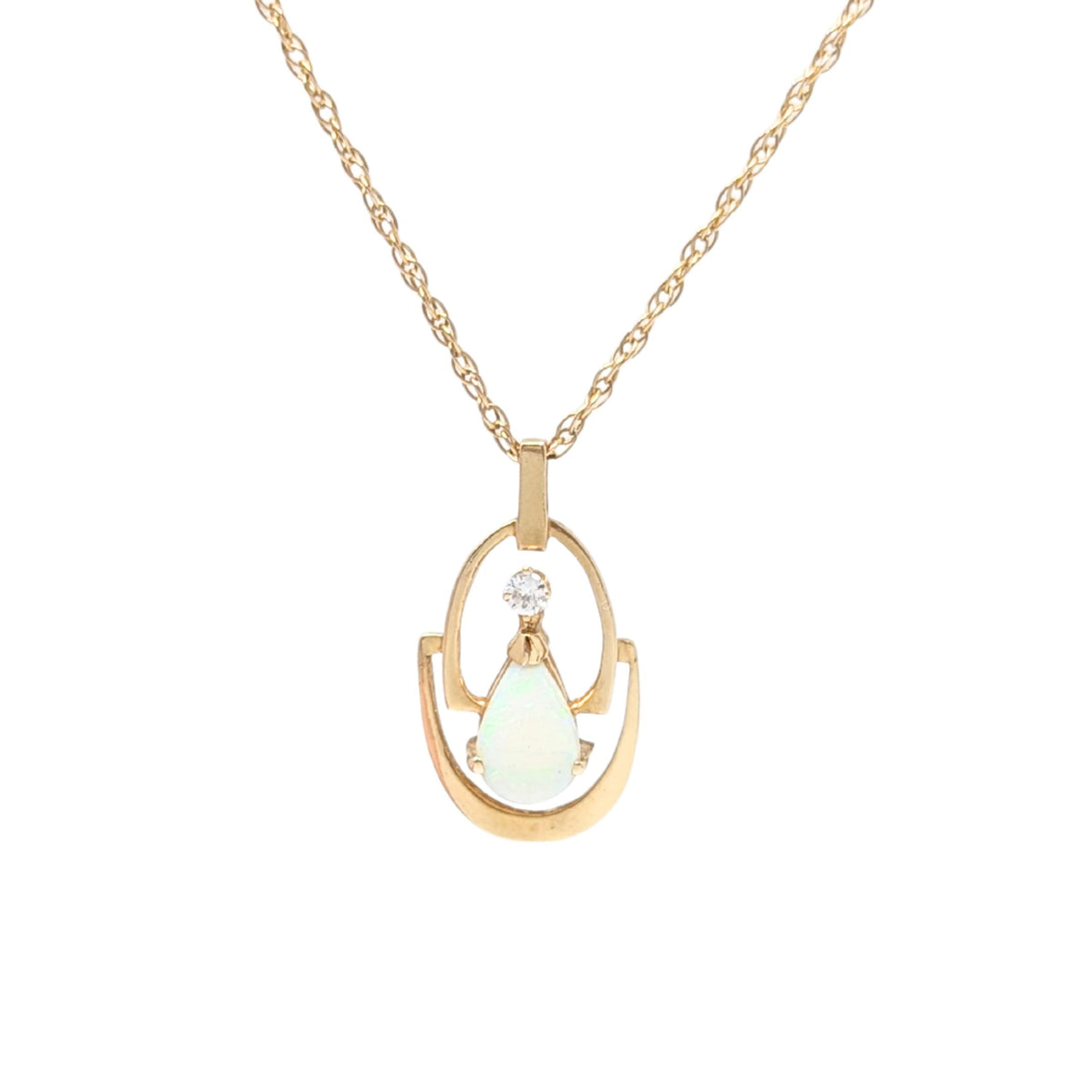Vintage 14K Gold 18” Fire Opal & Diamond Pendant Necklace