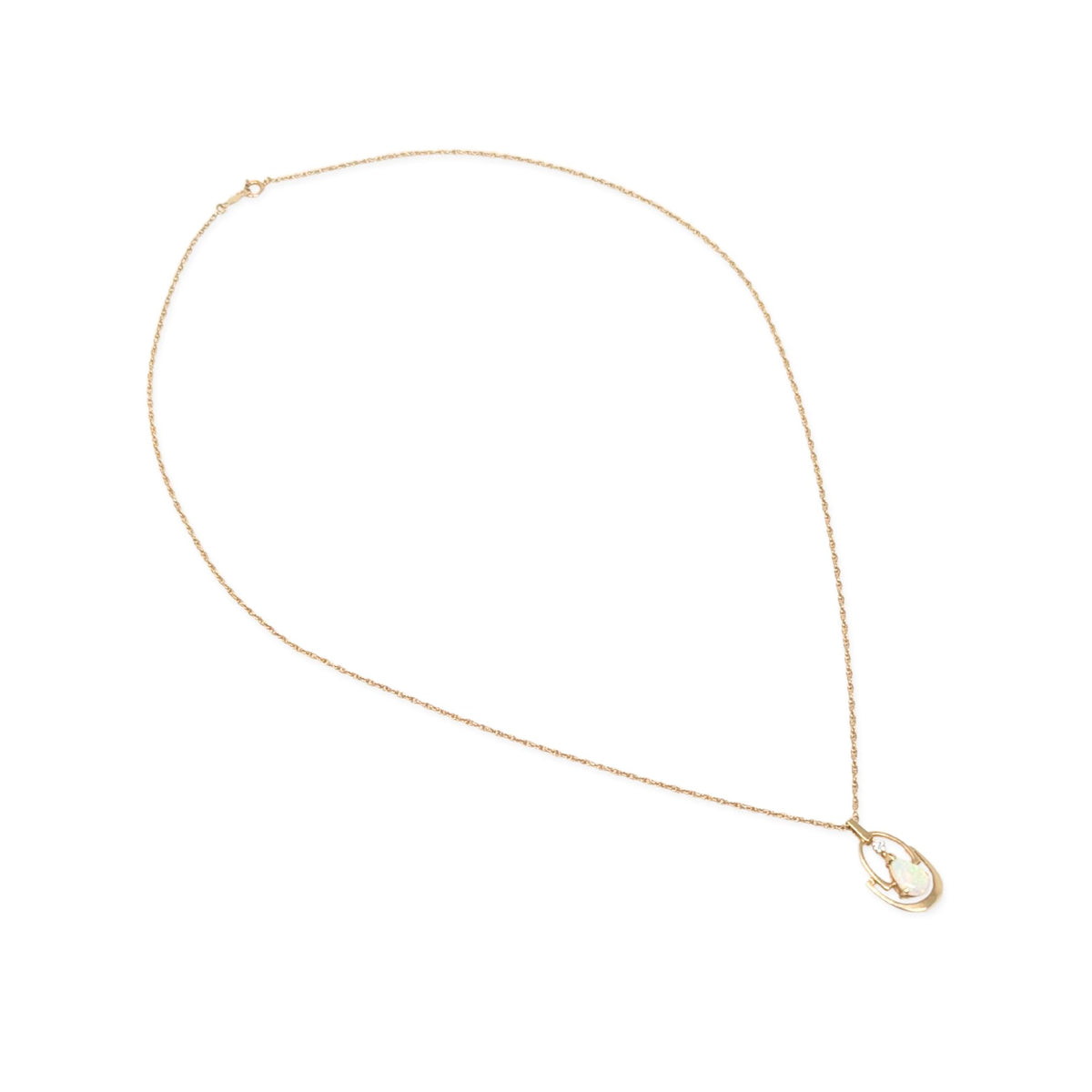 Vintage 14K Gold 18” Fire Opal & Diamond Pendant Necklace