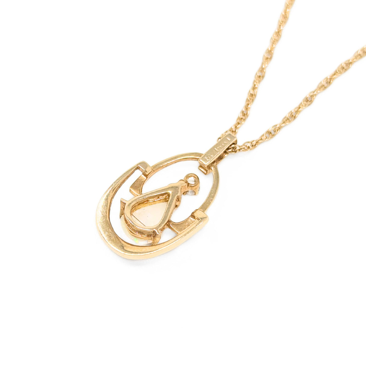 Vintage 14K Gold 18” Fire Opal & Diamond Pendant Necklace