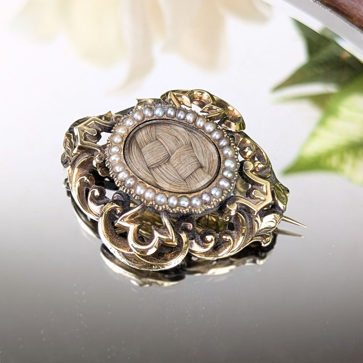 10K Gold Victorian Hair & Pearl Mourning Brooch